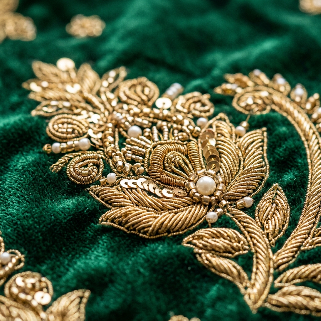 Close-up of intricate zardozi and zari embroidery