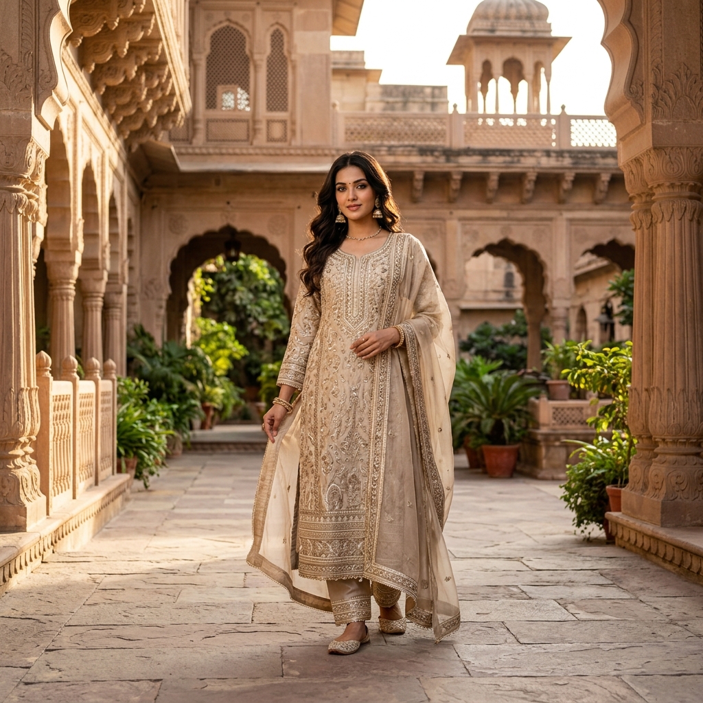 Full-length portrait in a palace-style courtyard