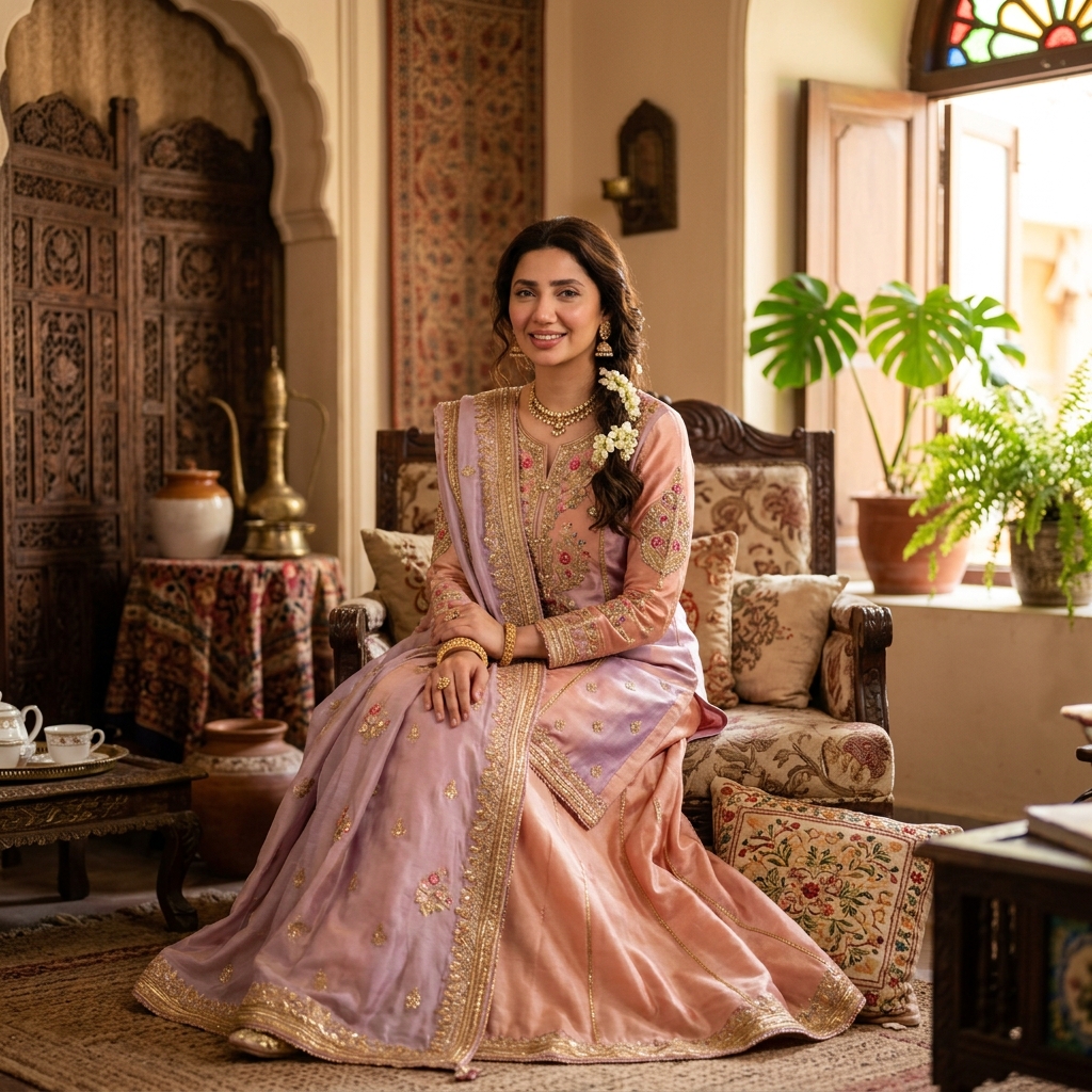 South Asian woman in a soft pastel ethnic outfit